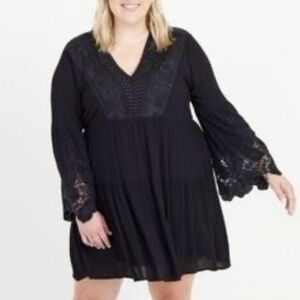 ARULA Black Boho Crochet and Lace Short Dress with Bell Sleeves 1X‎